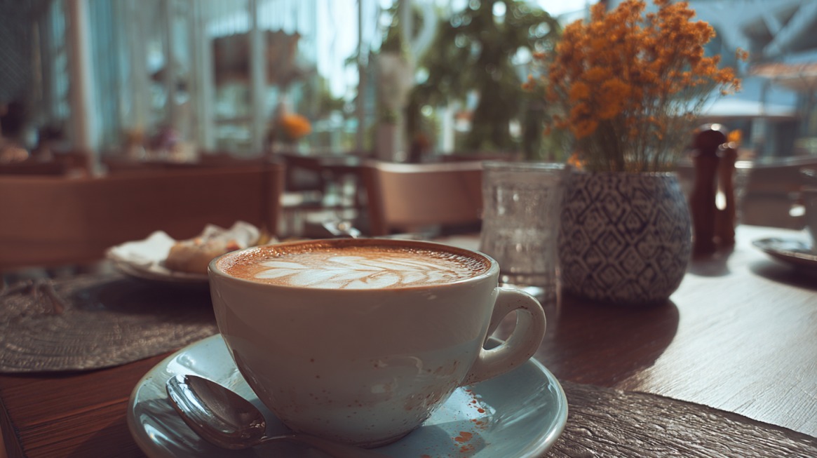 Šolja kapućina na drvenom stolu u kafeu