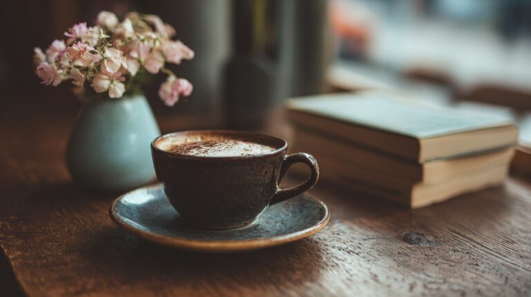 Šolja kafe pored knjiga na drvenom stolu