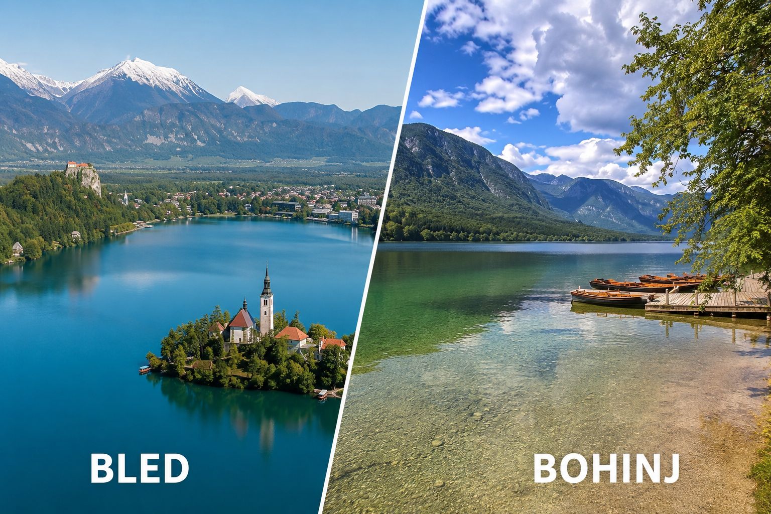 Bled i Bohinj u Sloveniji prikazani jedan pored drugog, sa jezerima, planinama i prirodnim pejzažima