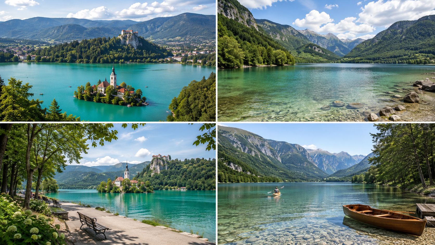 Kolaž realističnih prizora jezera Bled i Bohinj u Sloveniji, sa pogledima na ostrvo na Bledu, planinske pejzaže Bohinja, šetališta i čamce na vodi