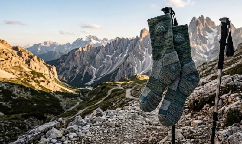 Planinarske čarape okačene na štapove za hodanje na kamenitoj planinskoj stazi, sa visokim vrhovima u pozadini