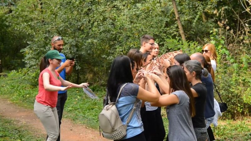 Grupa kolega učestvuje u team building aktivnosti u šumi