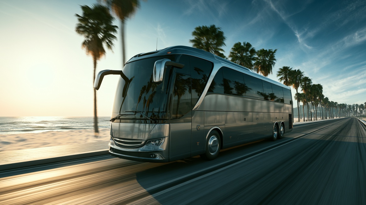 Autobus vozi pored mora i palmi.