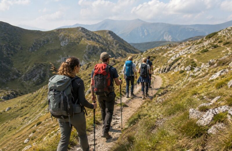Grupa planinara sa rancima i štapovima hoda obeleženom planinskom stazom kroz otvoren i kamenit teren.