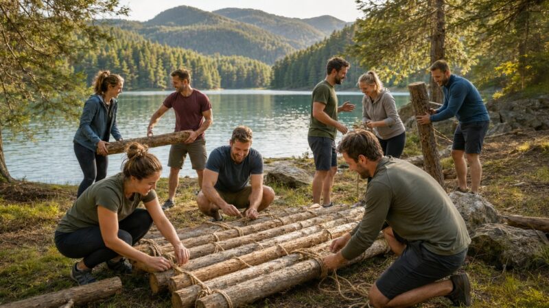 Tim zajednički gradi drveni splav pored planinskog jezera
